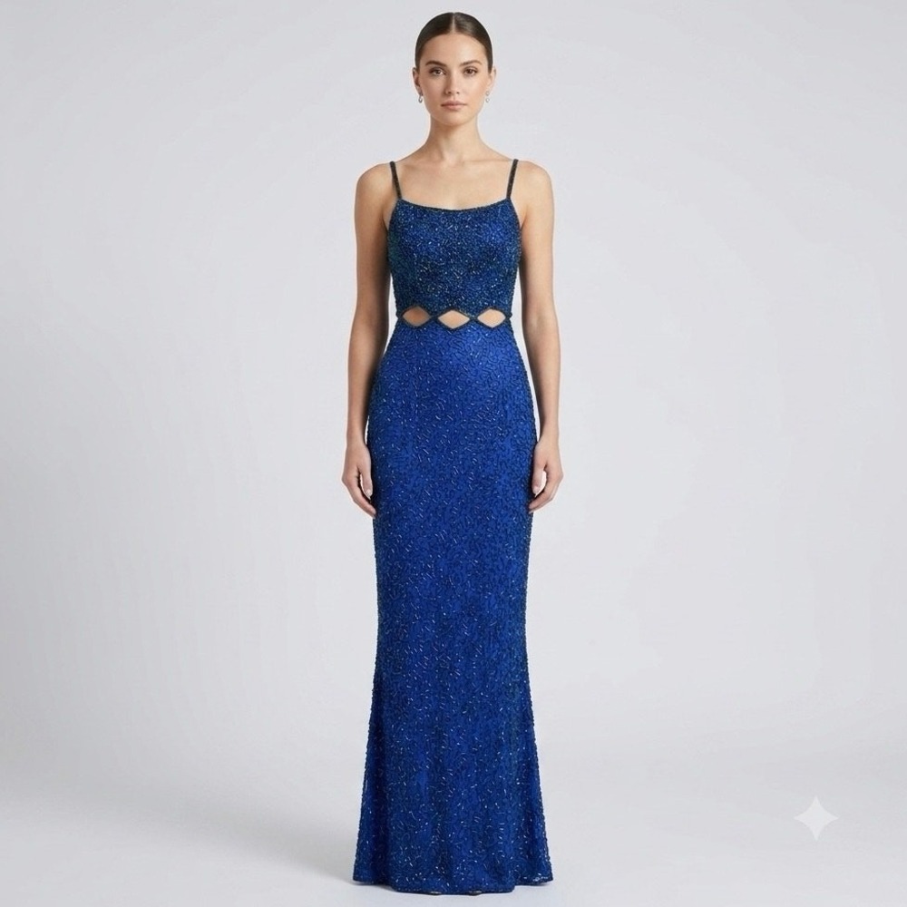 SCALA Vintage Beaded Silk Dress Medium (fits XS) Blue Iridescent Prom‎ Gown